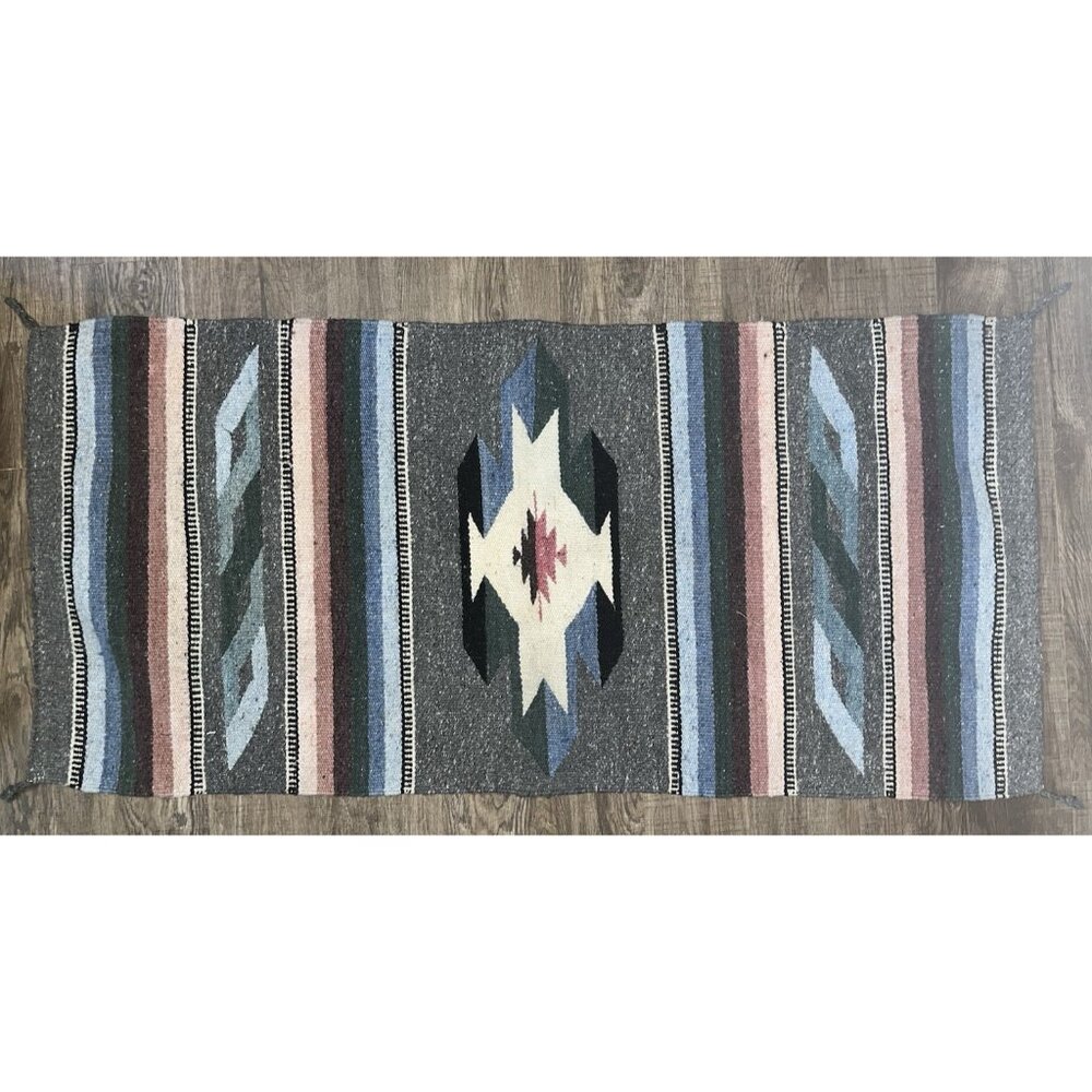 Handwoven Mexican Zapotec Style Wool Rug Southwest Geometric Aztec Decor 28x61"